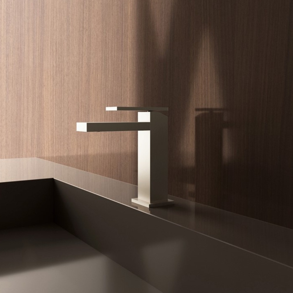 Lifestyle image of the Crosswater Myron Brushed Stainless Steel Basin Mixer Tap installed on a matching basin deck